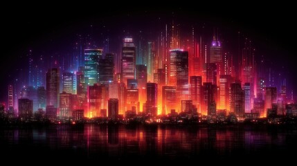 Vibrant neon digital city skyline reflected over water, futuristic and abstract