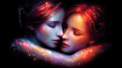 Two embracing faces with cosmic galaxy texture