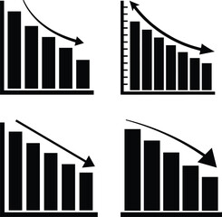 Falling bar chart icons set with downward arrow &ndash; decline, loss and recession analytics &ndash; black business vector