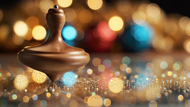 Dreidel Close Up with Golden Bokeh Background and Glitter Accents Reflective Surface for Festive Holiday Celebration with Warm Lighting and Circular Blur