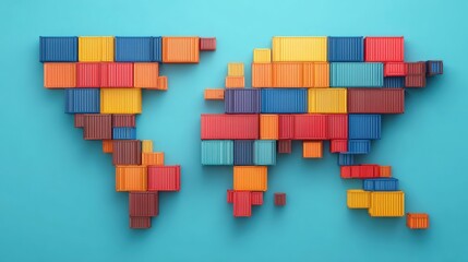 Supply chain and import tariff, Colorful shipping containers form a world map on a blue background.