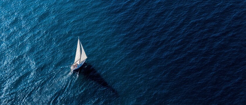 Sailboat Gliding Across a Deep Dark Blue Ocean from an Aerial View