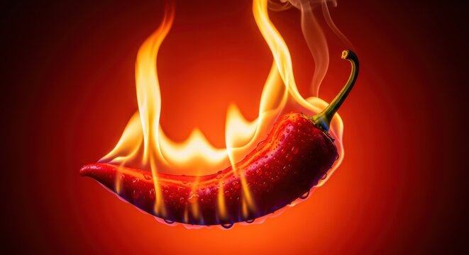 Pimiento rojo picante en llamas sobre fondo rojo, p&oacute;ster de comida picante .
