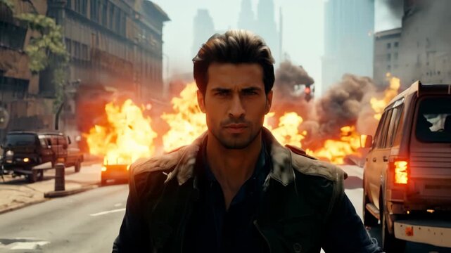 Action shot with brave man walking leaving fire and explosions behind his back. Dynamic scene in action movie blockbuster style