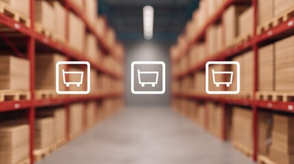 Supply chain and import tariff, Warehouse with shopping cart icons in a storage environment.