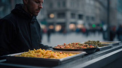 talented street chef presents futuristic culinary experience with holographic food display
