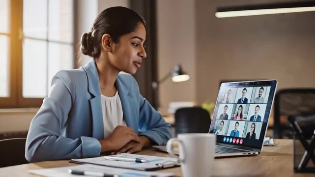 Young businesswoman leading virtual meeting with remote colleagues professional woman blue blazer