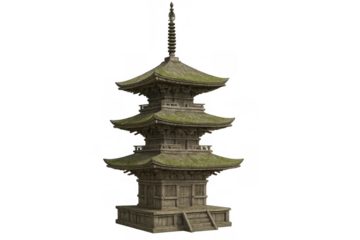 Asian pagoda building featuring detailed stone stages and weathered moss-covered tiers, symbolizing tradition and spiritual heritage. Transparent background