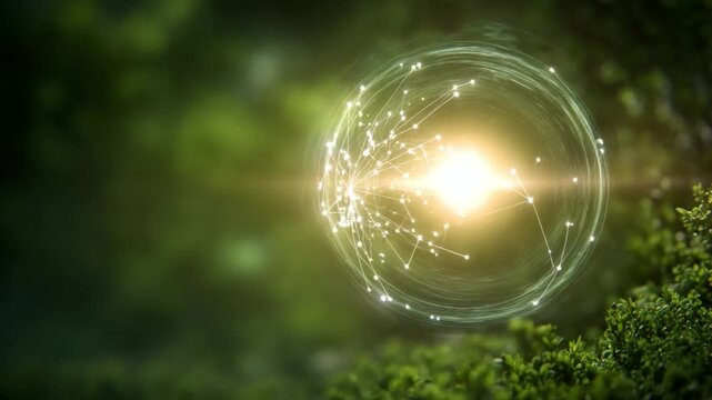 Mystical Energy Sphere: a luminous, glowing orb radiating with an inner light, intertwined with a network of interconnected points, all amidst a backdrop of lush greenery.