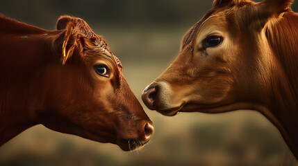 Close-up of two cows nearly touching noses in grassy field. Ideal for editorial, agriculture, animal bonding, or pastoral lifestyle photography themes.