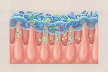 Detailed illustration of the Gut Microbiome and Mucus Barrier. Diverse bacteria are protected from the epithelial layer by a protective mucus (blue), showing host interaction.