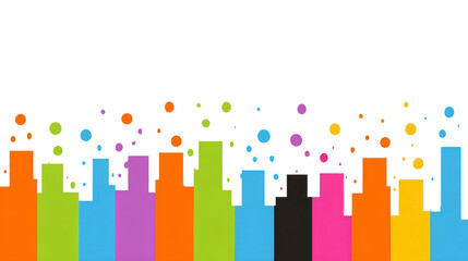 Colorful city skyline silhouette with vibrant buildings and playful confetti dots, modern abstract urban landscape, cheerful and festive atmosphere, suitable for celebration or party themes