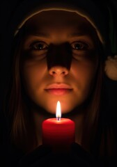 Woman holding a candle in the dark, illuminated by the warm glow of the flame