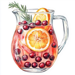 Watercolor illustration of a pitcher filled with a refreshing drink, cranberries, orange slices, and a rosemary sprig, for Winter and New Year