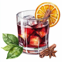 Watercolor illustration of a red cocktail with ice, an orange slice, and cinnamon stick for drink menus and holiday celebrations.