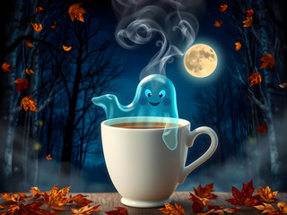 Smiling ghost lies in the hot coffee on full moon. Cute little ghost celebrating Halloween with a warm beverage in an autumn forest. Cute spirit wanting a cup of hot chocolate, pointing at something.