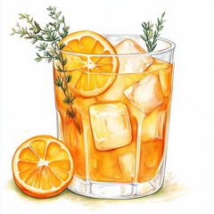 Watercolor illustration of a refreshing orange cocktail with ice, garnished with an orange slice and herbs, for New year and holiday celebration.