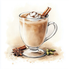 Hot chai latte with whipped cream and cinnamon stick in clear mug. Watercolor illustration for drink menu or holiday card.