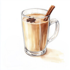 Warming drink in glass mug with cinnamon stick and star anise. Watercolor illustration of festive beverage for winter holiday season.