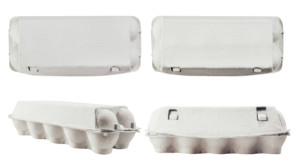 Isolated photo of closed cardboard egg container upper and side view on white background.