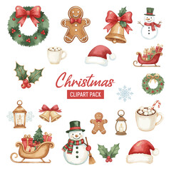Watercolor Christmas Clipart Set - Snowman, Wreath, Sleigh, Gingerbread & Gifts