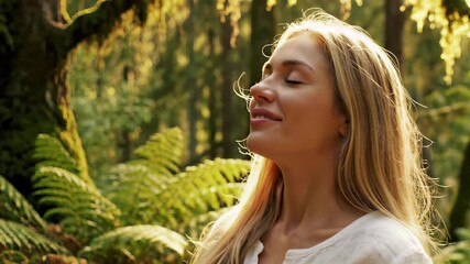 A serene blonde woman sits closely surrounded by lush ferns in a forest environment, exuding tranquility as she connects with nature, exemplifying mindfulness and environmental harmony.