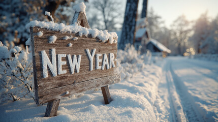 Rustic wooden new year sign in frosty winter landscape with snow-covered road and trees