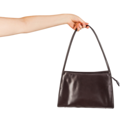 Isolated photo of female hand holding brown leather purse or bag with copy space on white background. front view.