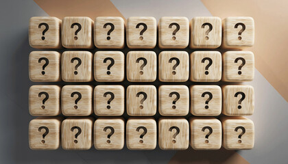 Exploring Uncertainty A Top-Down View of Wooden Cubes, Each Inscribed with Question Marks, Representing Mystery, Puzzles, and Unanswered Questions