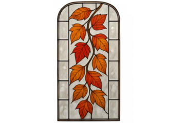 Stained glass window panel featuring autumn leaves design, displaying fall colors and translucent background