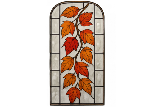 Stained glass window panel featuring autumn leaves design, displaying fall colors and translucent background