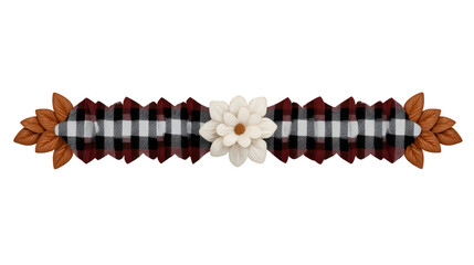 Plaid ribbon with ruffle pattern, brown leaves, and white daisy flower, rustic autumn decoration, cozy and cheerful, suitable for seasonal crafts and invitations
