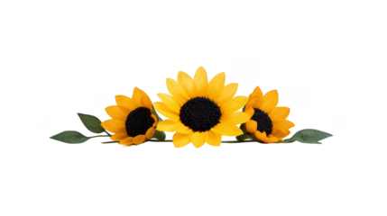 Three vibrant yellow sunflowers with green leaves arranged in row, isolated on transparent background, evoke cheerful and natural atmosphere, perfect for decorative or design use
