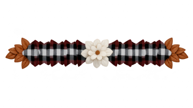 Plaid ribbon with ruffle pattern, brown leaves, and white daisy flower, rustic autumn decoration, cozy and cheerful, suitable for seasonal crafts and invitations