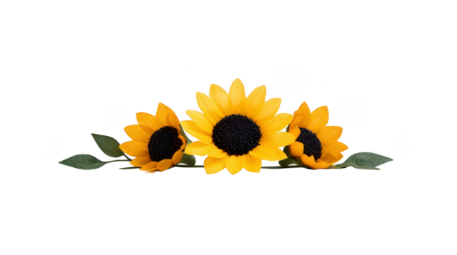 Three vibrant yellow sunflowers with green leaves arranged in row, isolated on transparent background, evoke cheerful and natural atmosphere, perfect for decorative or design use