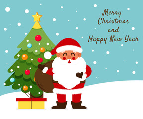 Christmas and New Year card with Santa Claus, snow and a Christmas tree in flat style in vector on a blue background