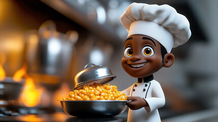 Smiling African American chef holding prepared dish in professional kitchen. Warm lighting adds charm to the festive moment.
