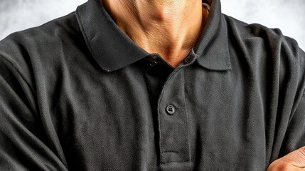 Person is wearing a black polo shirt. Top of the shirt and neck are visible