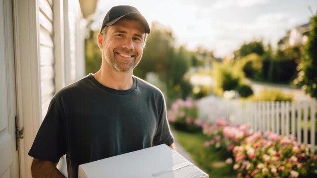 Handsome delivery man holding a cardboard box and smiling at the camera while standing at the front door of a suburban home, providing friendly and reliable shipping service