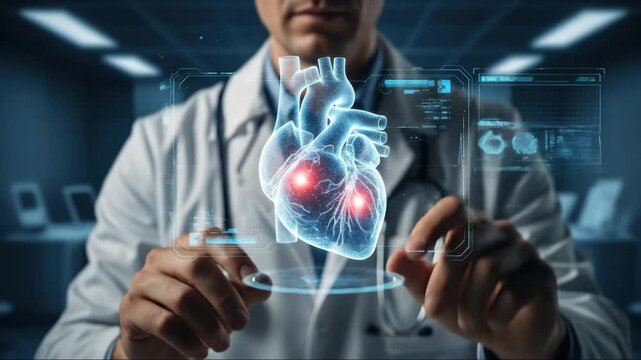 doctor cardiologist analyzing futuristic holographic human heart. medical professional using digital interface with ecg. healthcare technology and innovation concept.
