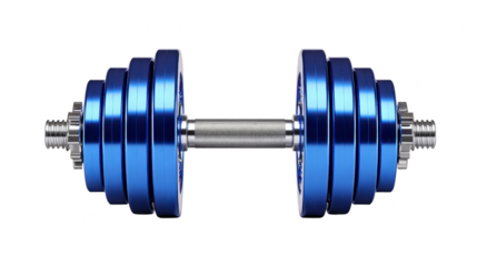 Adjustable blue metal dumbbell with chrome handle, isolated on transparency background, used for strength training, fitness, and home gym workouts, promoting healthy and active lifestyle