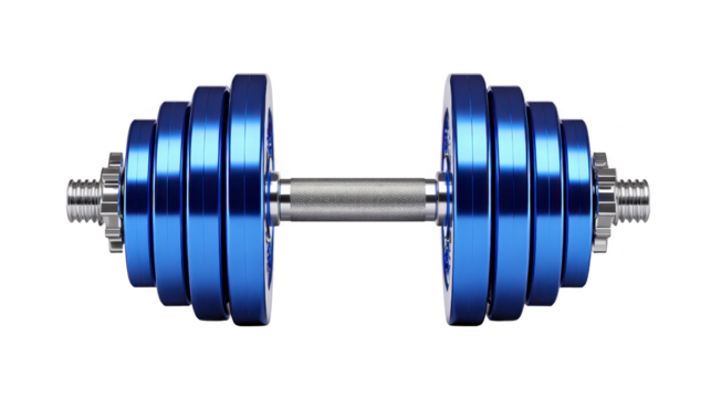 Adjustable blue metal dumbbell with chrome handle, isolated on transparency background, used for strength training, fitness, and home gym workouts, promoting healthy and active lifestyle