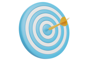 Blue and white dartboard with yellow dart hitting the center isolated on transparent background