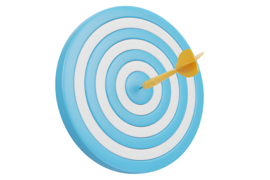 Blue and white dartboard with yellow dart hitting the center isolated on transparent background