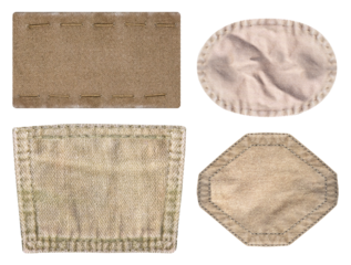Isolated photo of various brown colored denim patches with stitch borders on white background.