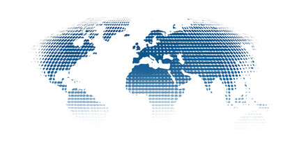 World map with blue and white halftone pattern, abstract global design, modern digital style, continents outlined, creative background for technology or business concepts
