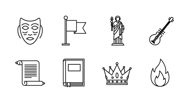Simple outline icons: culture, literature, and symbols set