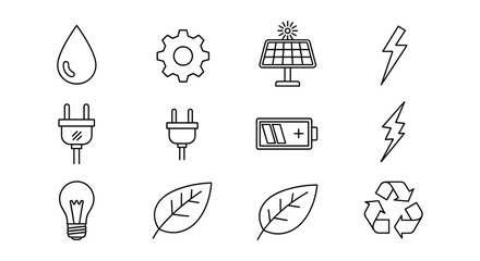 Linear energy and sustainability icons set: solar, recycling, electric elements, and nature