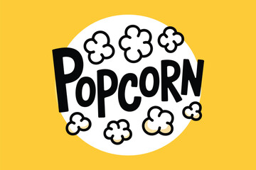 The word 'Popcorn' is displayed in bold black lettering against a white circle, surrounded by cartoonish puffs of steam, on a bright yellow background.