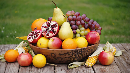 Autumn harvest fruit bowl with corn on rustic wooden table outdoors